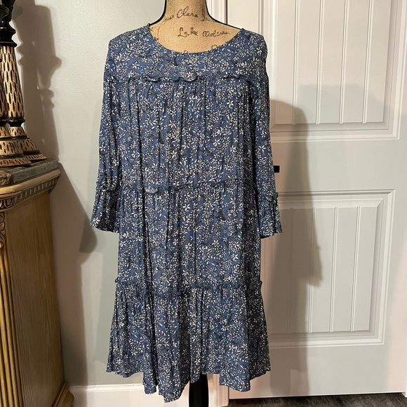 Light Blue Floral Flute-Sleeve Peasant Dress - Picture 7 of 13